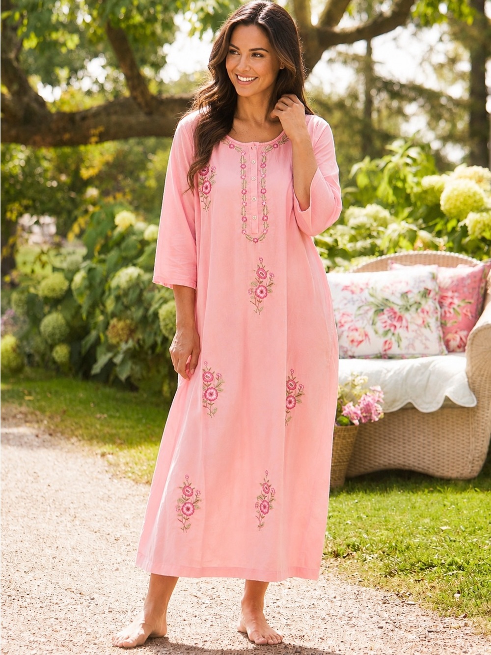 April Cornell Soft Rose Pink Embroidered Retreat Caftan Dressing Lounge Gown L